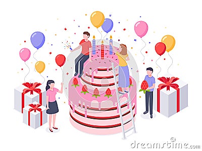 Isometric birthday cake. Party confetti, cakes present and birthdays surprise baking gift vector illustration Vector Illustration