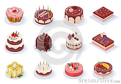 Isometric birthday event tasty strawberry, vanilla, chocolate cakes. Delicious 3d frosted party cakes vector Cartoon Illustration
