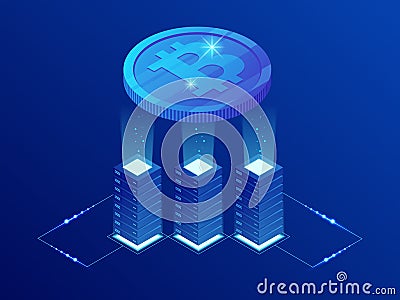 Isometric Bitcoin BIT Cryptocurrency mining farm. Blockchain technology, cryptocurrency and a digital payment network Vector Illustration