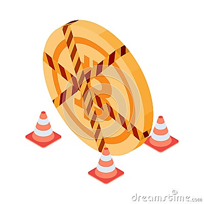 Isometric Bitcoin with Construction Cone and Crime Scene Tape Vector Illustration