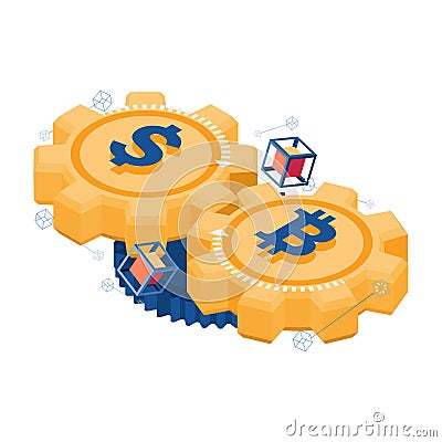 Isometric Bitcoin and Dollar Gear Mechanism Working Together Vector Illustration
