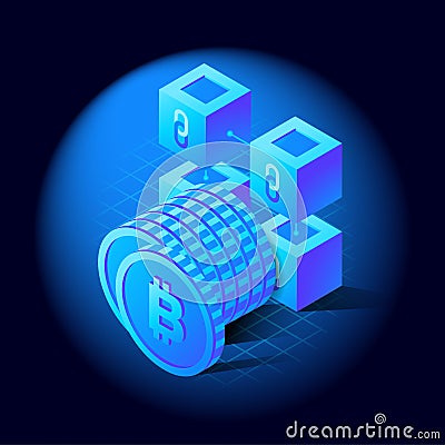 Isometric Bitcoin neon color block chain concept. Vector Illustration