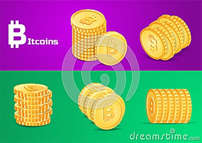 Isometric Bitcoin set on gradient background, Vector Illustration. Vector Illustration