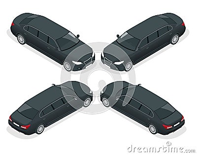 Isometric black limousine isolated on white. Template limousine icon vector. Premium people transportation Vector Illustration