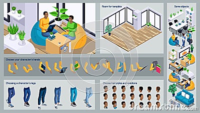 Isometric Black Man characters constructor for design. Use Separate Body Parts to Create An Animated Character. Set of Vector Illustration