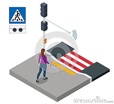 Isometric blind woman crossing street at crosswalk. Urban city crosswalk of disabilities Vector Illustration