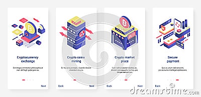 Isometric blockchain crypto currency stock market UX, UI mobile app page screen set Cartoon Illustration