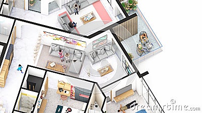 Isometric Blow up of an apartment showing terraces living areas bedrooms and toilets Stock Photo