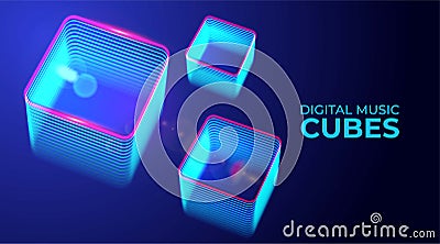 Isometric blue glowing neon cubes. Gaming, music, technology, big data, block chain background with glowing mesh square Vector Illustration