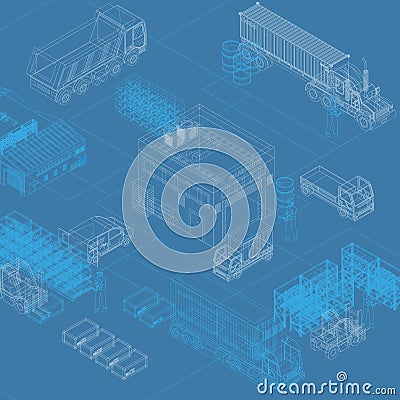 Isometric blueprint of storage and trucks Vector Illustration