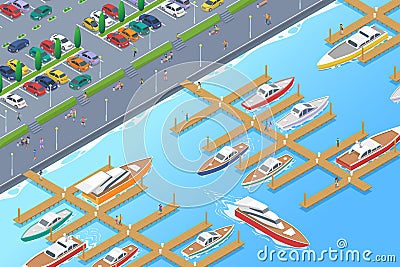 Isometric Boats Yachts on Pier Berth near embankment with Cars on Parking Flat Vector illustration Vector Illustration