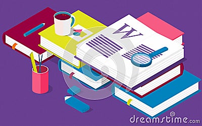 Isometric books. Creative concept for writing or blogging, school education, Stock Photo