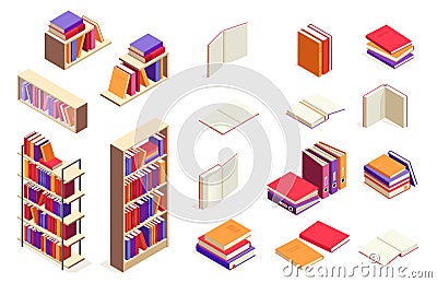 Isometric books. Open and closed book stack, university textbook, encyclopedia, notebook and magazine. Vector 3d Vector Illustration