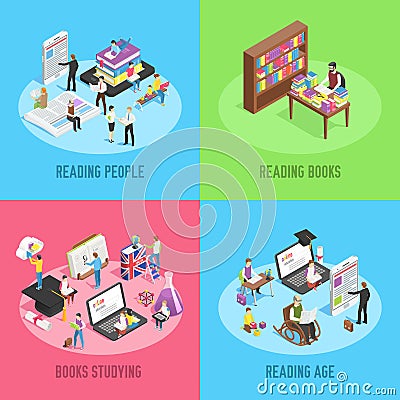 Isometric books reading. Educated people, school child studying schoolbook and student read newspaper or book 3d vector Vector Illustration