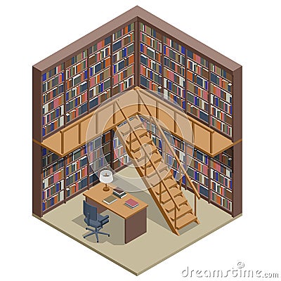 Isometric Bookshelves in the Library. Books in public library. Learning and education concept. Vector Illustration