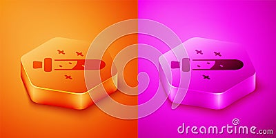 Isometric Bottle with potion icon isolated on orange and pink background. Flask with magic potion. Hexagon button Vector Illustration