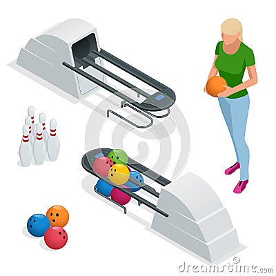 Isometric Bowling pins at bowling machine. A bowling ball return right out of a bowling alley. Vector illustration Vector Illustration