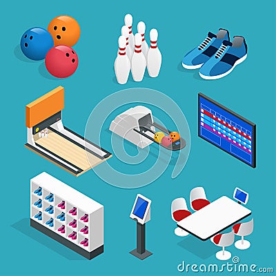 Isometric Bowling realistic icons set with game equipment, cafe tables, shelves for shoes, skittles, and balls isolated Vector Illustration