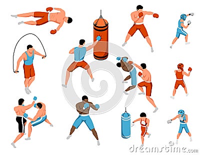 Isometric Boxing Kids Set Vector Illustration