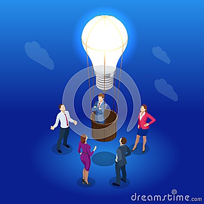 Isometric Brainstorming and Business Meeting concept. Idea and business for teamwork. People, team, light bulb. Vector Vector Illustration