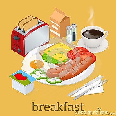 Isometric Breakfast and kitchen equipment icons set. English breakfast with fried eggs, bacon, sausages, beans, toasts Vector Illustration