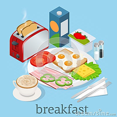 Isometric Breakfast and kitchen equipment icons set. English breakfast with fried eggs, bacon, sausages, beans, toasts Vector Illustration