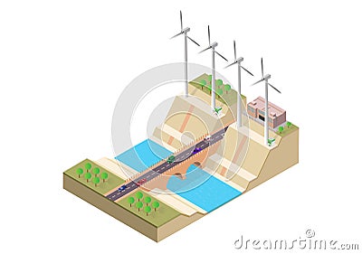 Isometric bridge and windmill Vector Illustration