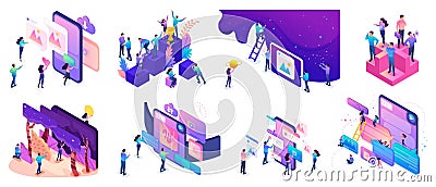 Isometric bright concepts with teenagers or young entrepreneurs to create websites and develop mobile applications Vector Illustration