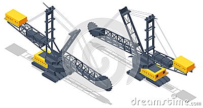 Isometric Bucket-wheel excavator. BWE, continuous digging machine in large-scale open-pit mining operations, removing Vector Illustration
