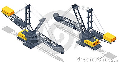 Isometric Bucket-wheel excavator. BWE, continuous digging machine in large-scale open-pit mining operations, removing Vector Illustration