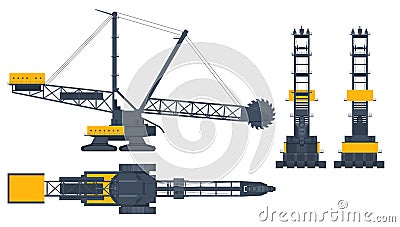 Isometric Bucket-wheel excavator. BWE, Bucket-wheel excavator mining lignite. View front, rear, side and top. Mining Vector Illustration