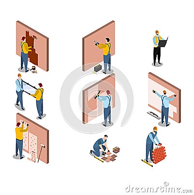 Isometric builder architect set with building worker person characters vector illustration isolated on white. Vector Illustration