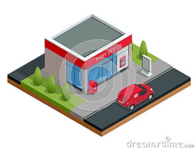 Isometric Building of post office and post car. Correspondence isolated vector illustration Vector Illustration