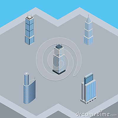 Isometric Building Set Of Urban, Tower, Apartment And Other Vector Objects. Also Includes Tower, Building, Exterior Elements. Vector Illustration