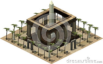 Isometric buildings of ancient Egypt, temple with obelisk. 3D rendering Cartoon Illustration