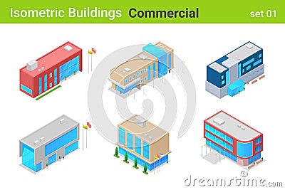 Isometric Buildings Commercial flat vector collection Vector Illustration