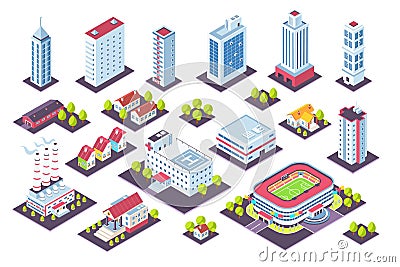 Isometric buildings set. City houses and industrial constructions, 3D factory offices cottage museum. Vector real estate Vector Illustration