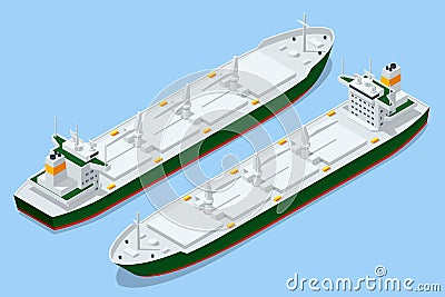 Isometric Bulk carrier ship. Bulk freighter travels. Import or export wheat, corn, grain, sand, coal. Container ship Vector Illustration