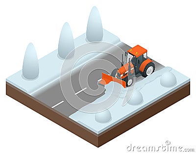 Isometric bulldozer cleans from the road old snow. Vector illustration of snowblower Vector Illustration