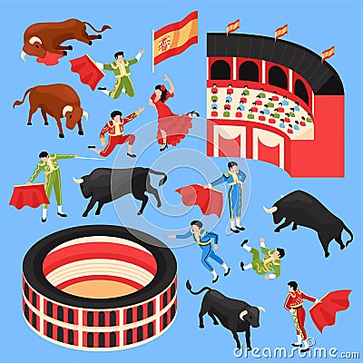 Isometric Bullfight Stadium Set Vector Illustration