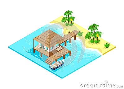 An isometric bungalow with a pier and a moored boat Vector Illustration