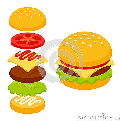 Cartoon isometric burger icon Vector Illustration