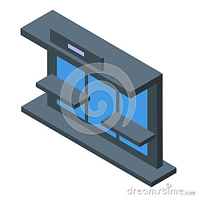 Isometric bus station with empty seats and electronic display showing arrival time Vector Illustration
