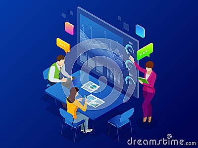 Isometric business analysis and planning, consulting, team work, project management, financial report and strategy Vector Illustration