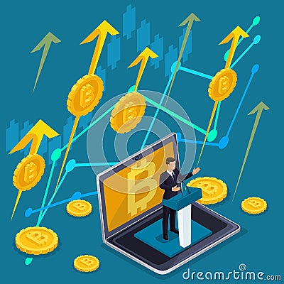 Isometric business concept, crypto currency, bitcoin is growing, stocks and investments are coming up Vector Illustration