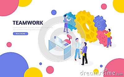 Isometric business concept. Teamwork process. Vector Illustration