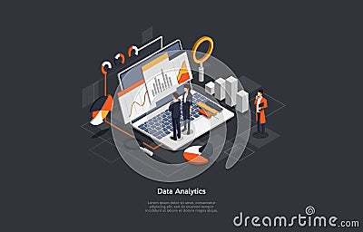 Isometric Business data analytics process management or intelligence dashboard. Vector Illustration