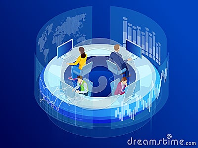 Isometric Business data analytics process management or intelligence dashboard on virtual screen showing sales and Vector Illustration