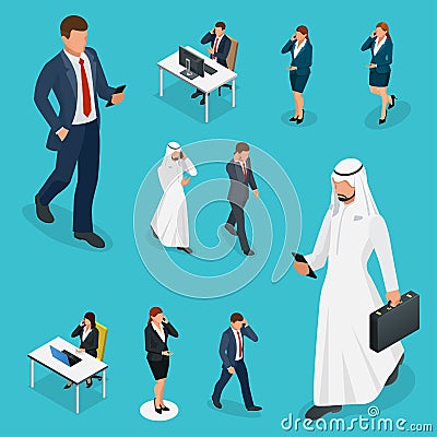 Isometric Business man and woman with phone Young man phoning smart phone with messenger app. Flat illustration of Vector Illustration