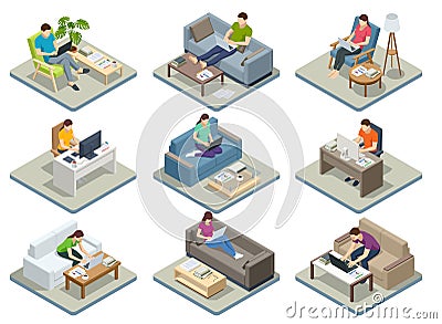 Isometric business man and woman working at home with laptop and papers on desk. Freelance or studying concept. Online Vector Illustration